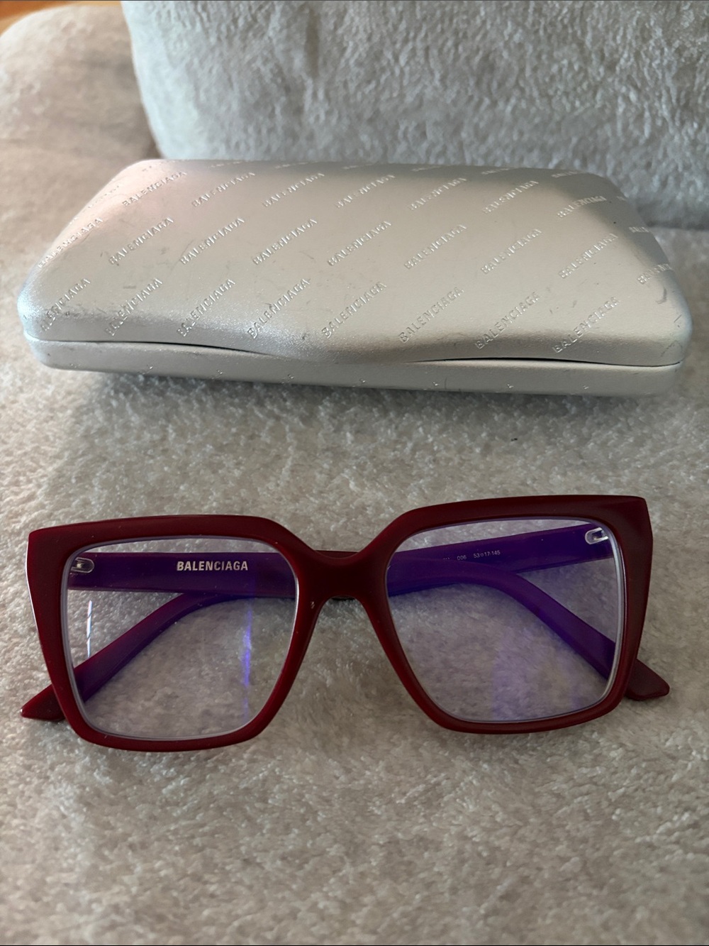Balenciaga Women's Burgundy Square Frame Glasses with Case & Cloth